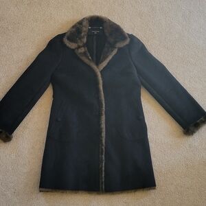 Jones New York Black Brown Faux Fur Lines Suede Coat Women’s MEDIUM. Beautiful